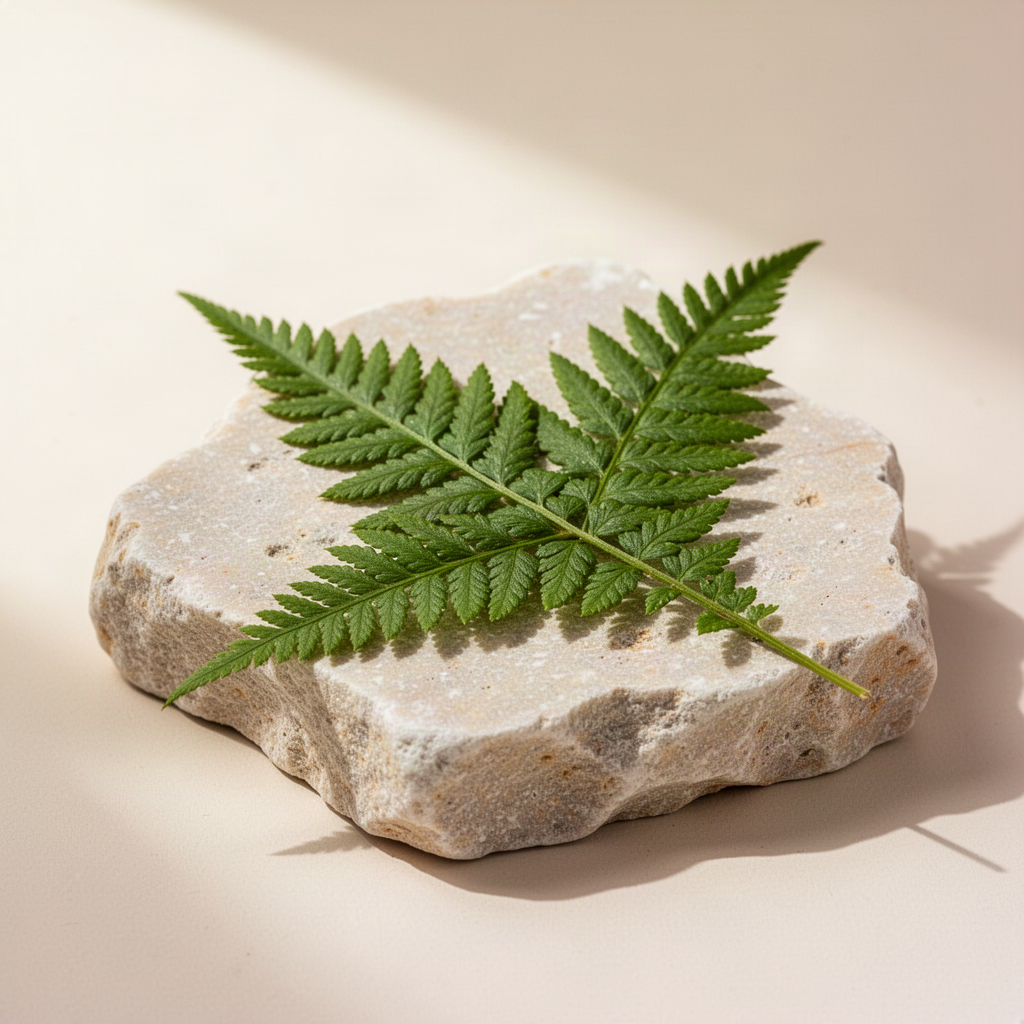 A fern frond on pale stone